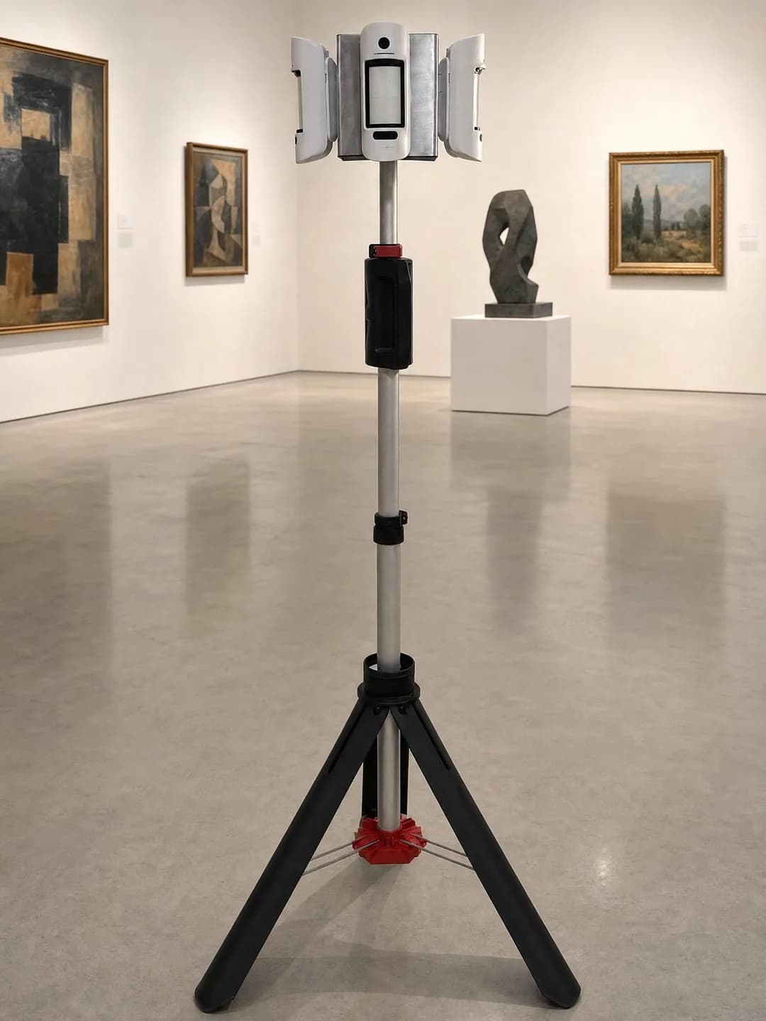 Hugo 2 frei stehend in einer Galerie mit Skulptur und Gemälden
